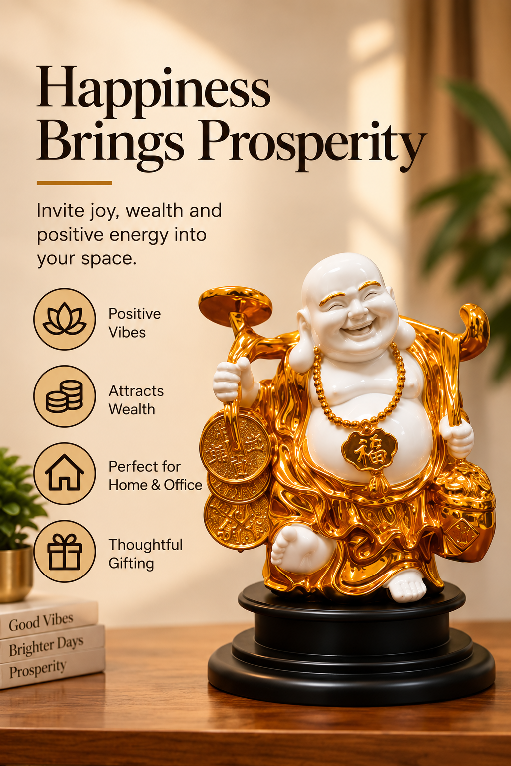 Laughing Buddha Prosperity Idol – Gold & White Finish