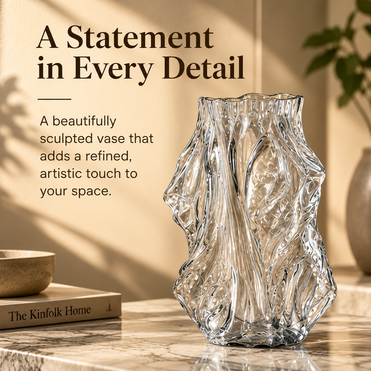 Sculpted Clear Glass Vase – Artistic Flow Design
