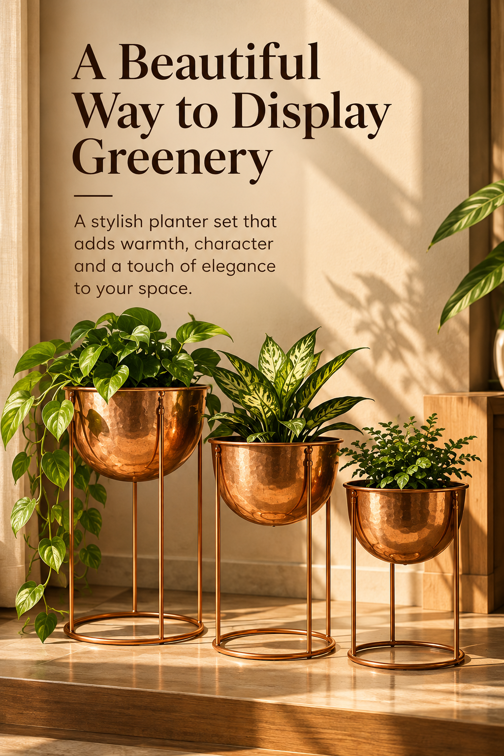 Set of 3 Elevated Planters with Stands – Warm Metallic Finish