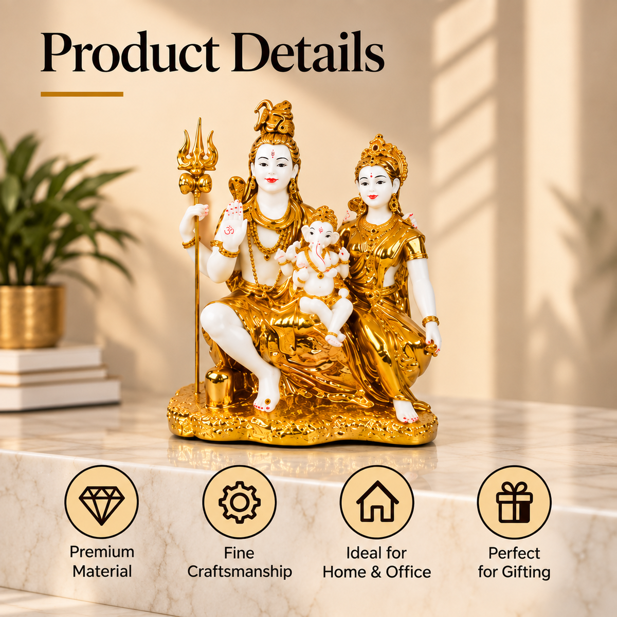 Shiv Parvati Ganesha Divine Family Idol – Gold & White