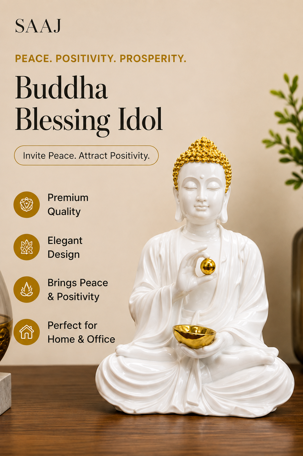 Serenity Buddha Blessing Idol – White & Gold