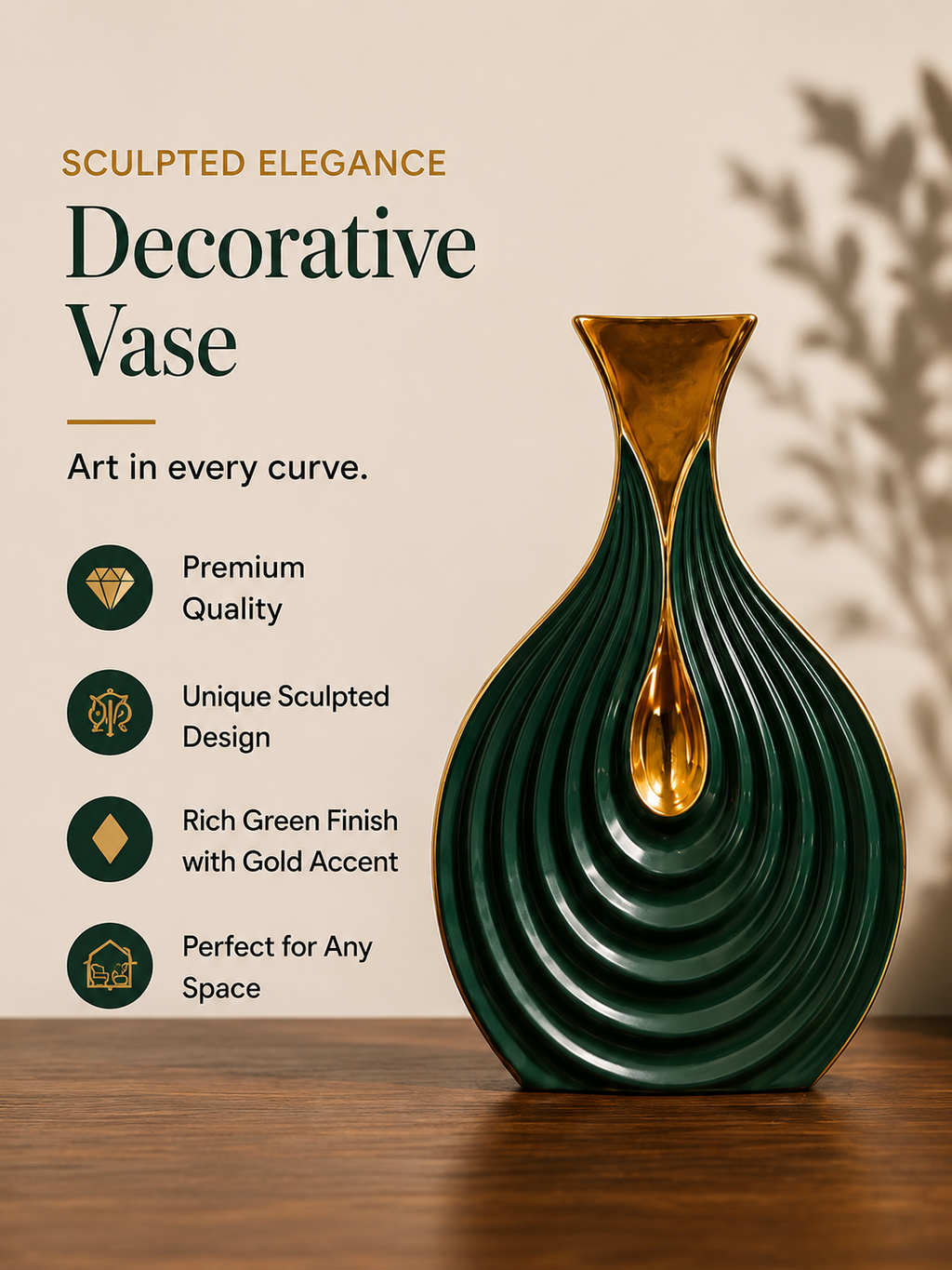 Emerald Droplet Sculptural Vase – Green & Gold