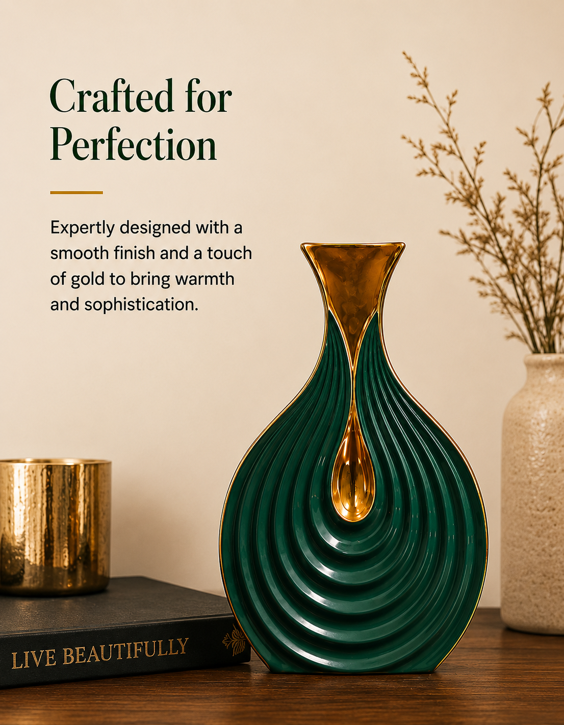 Emerald Droplet Sculptural Vase – Green & Gold