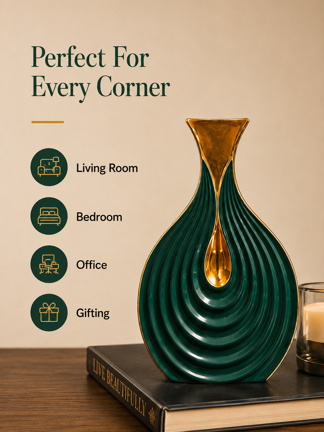 Emerald Droplet Sculptural Vase – Green & Gold