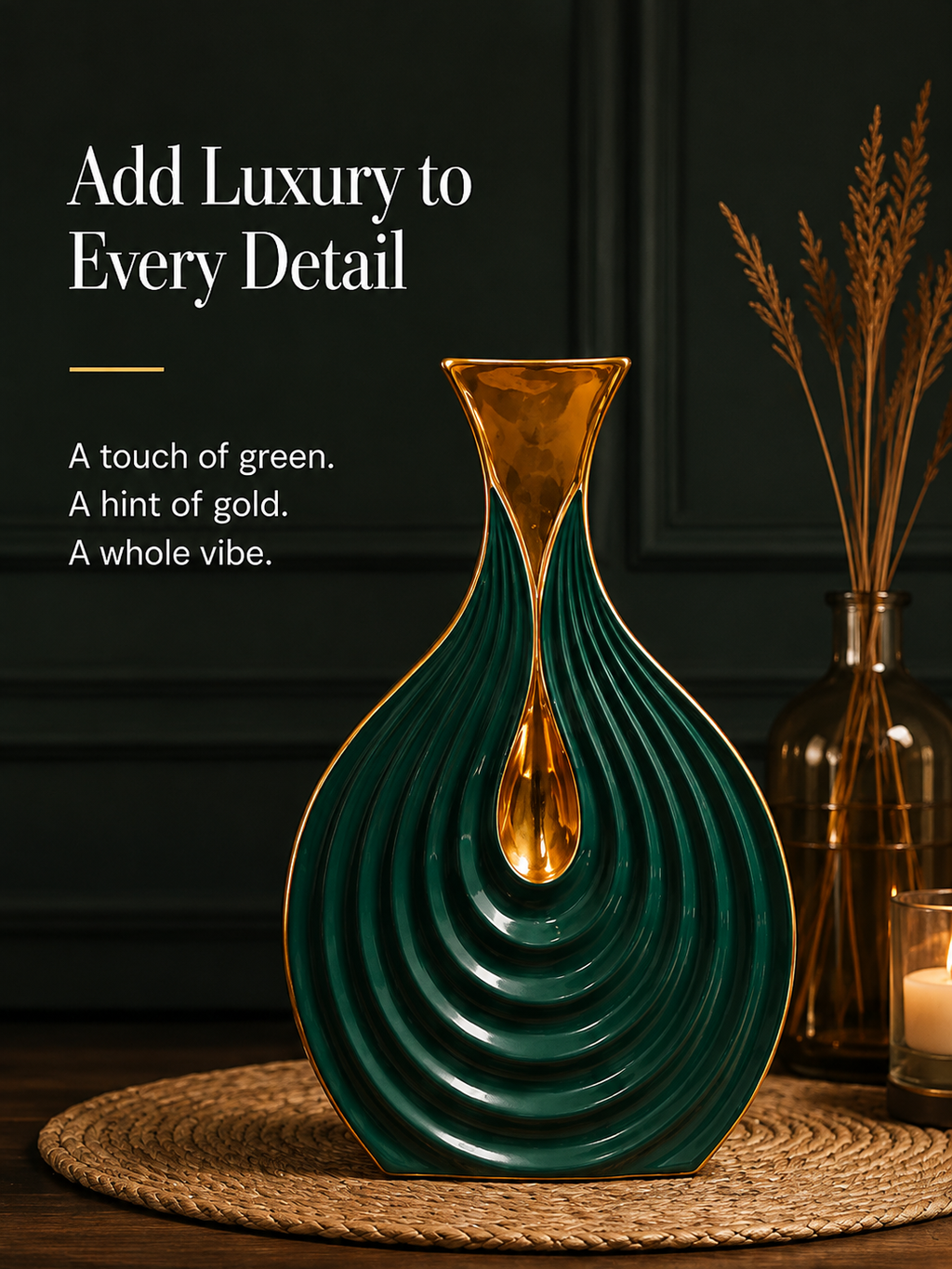 Emerald Droplet Sculptural Vase – Green & Gold