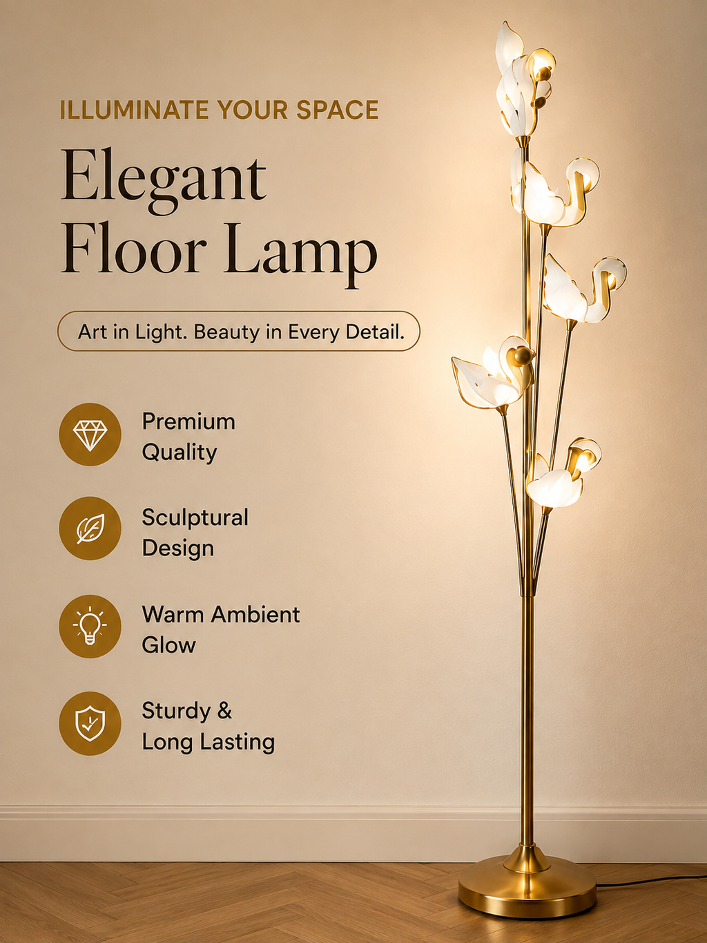 Sculptural Bloom Floor Lamp – Gold & Frosted White