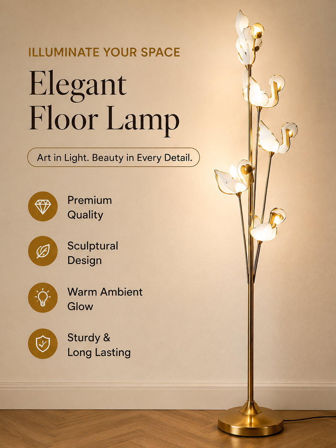 Sculptural Bloom Floor Lamp – Gold & Frosted White