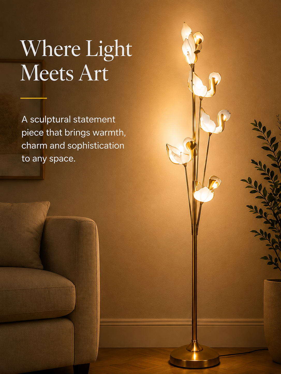 Sculptural Bloom Floor Lamp – Gold & Frosted White