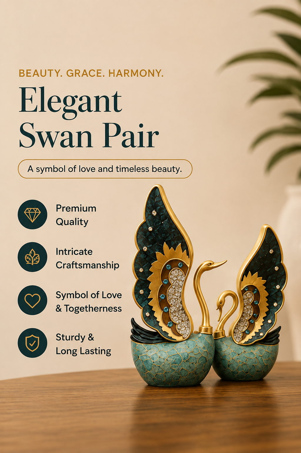 Serene Swan Pair Decorative Accent – Teal & Gold