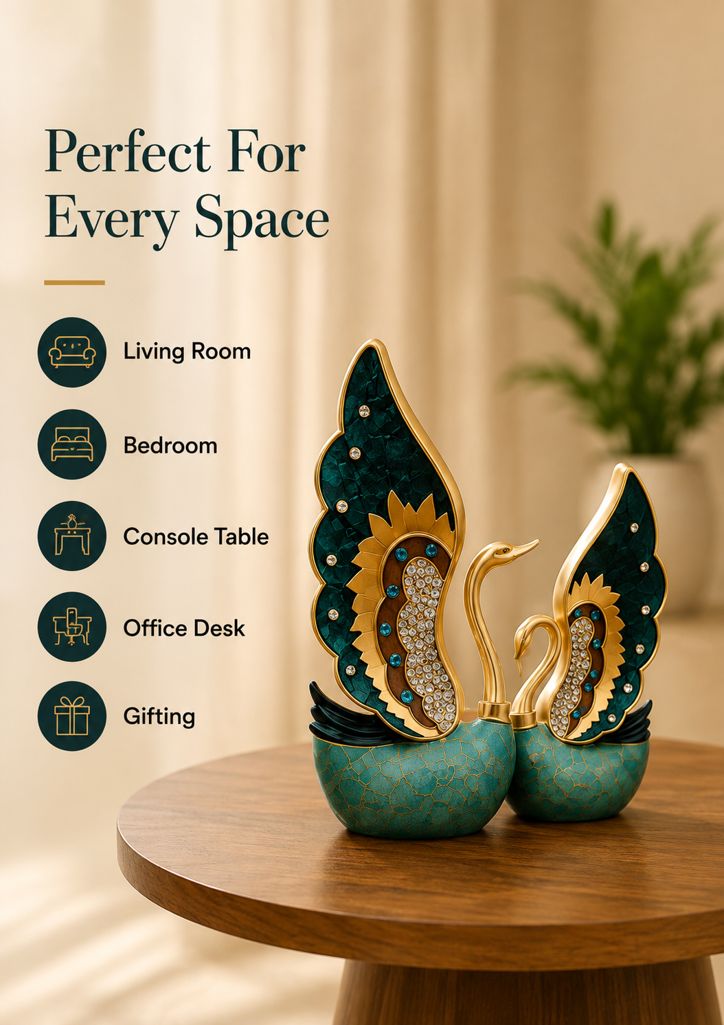 Serene Swan Pair Decorative Accent – Teal & Gold