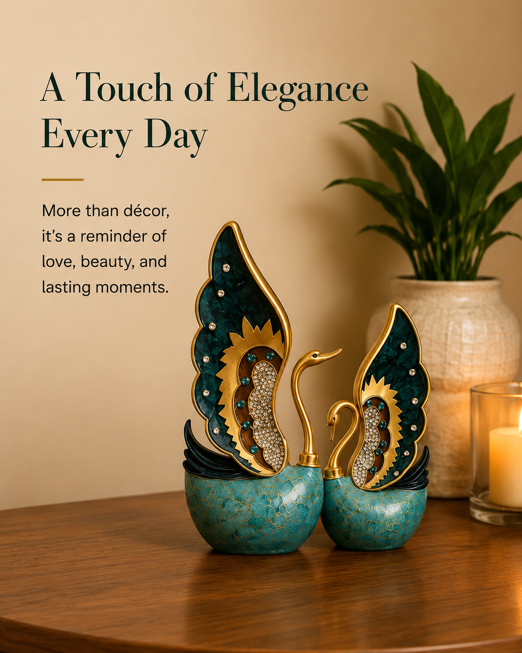 Serene Swan Pair Decorative Accent – Teal & Gold