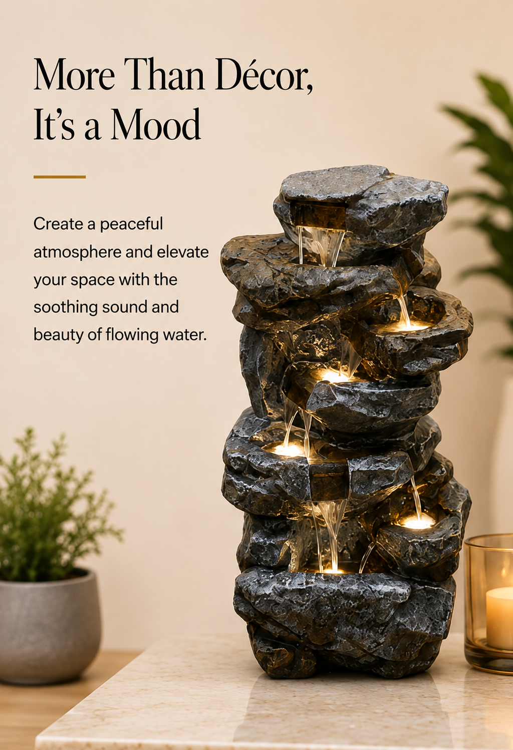 Illuminated Cascade Rock Water Fountain – 37 Inch