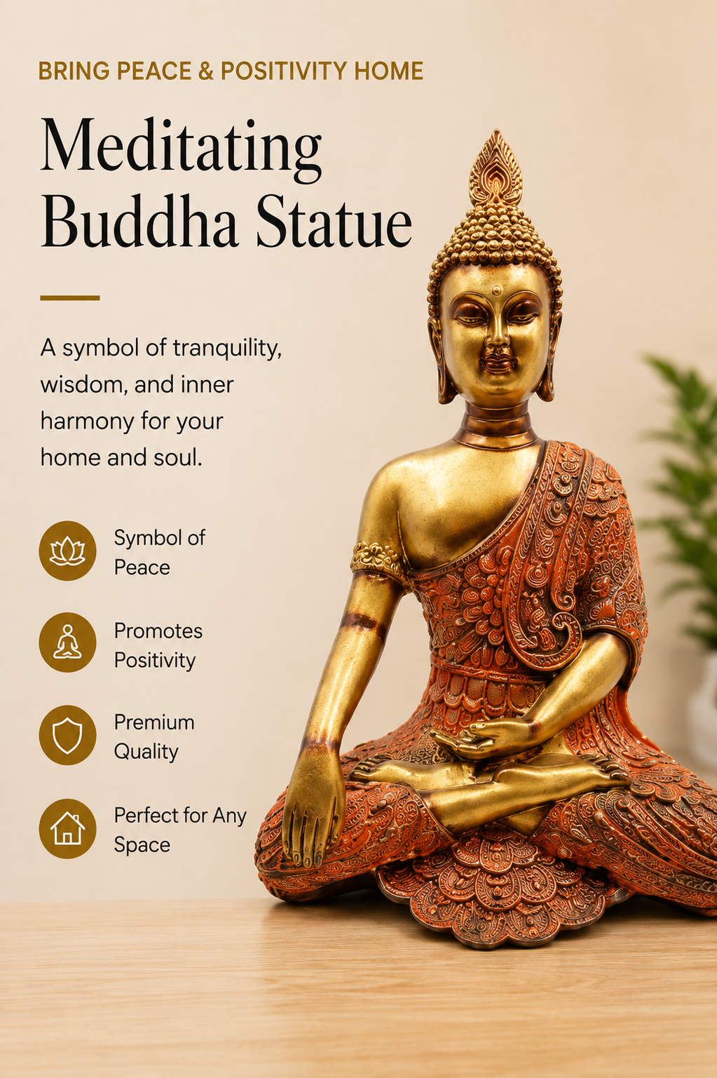 Antique Serenity Meditating Buddha Statue – Gold & Rust, 14 Inch