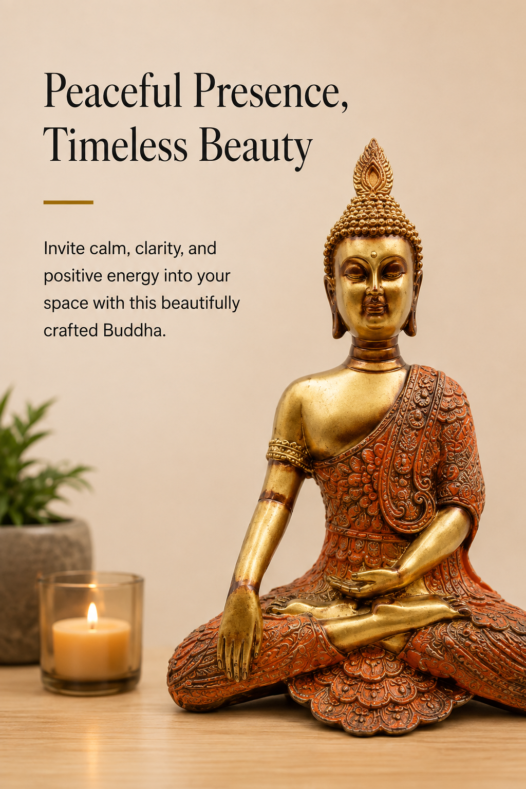 Antique Serenity Meditating Buddha Statue – Gold & Rust, 14 Inch