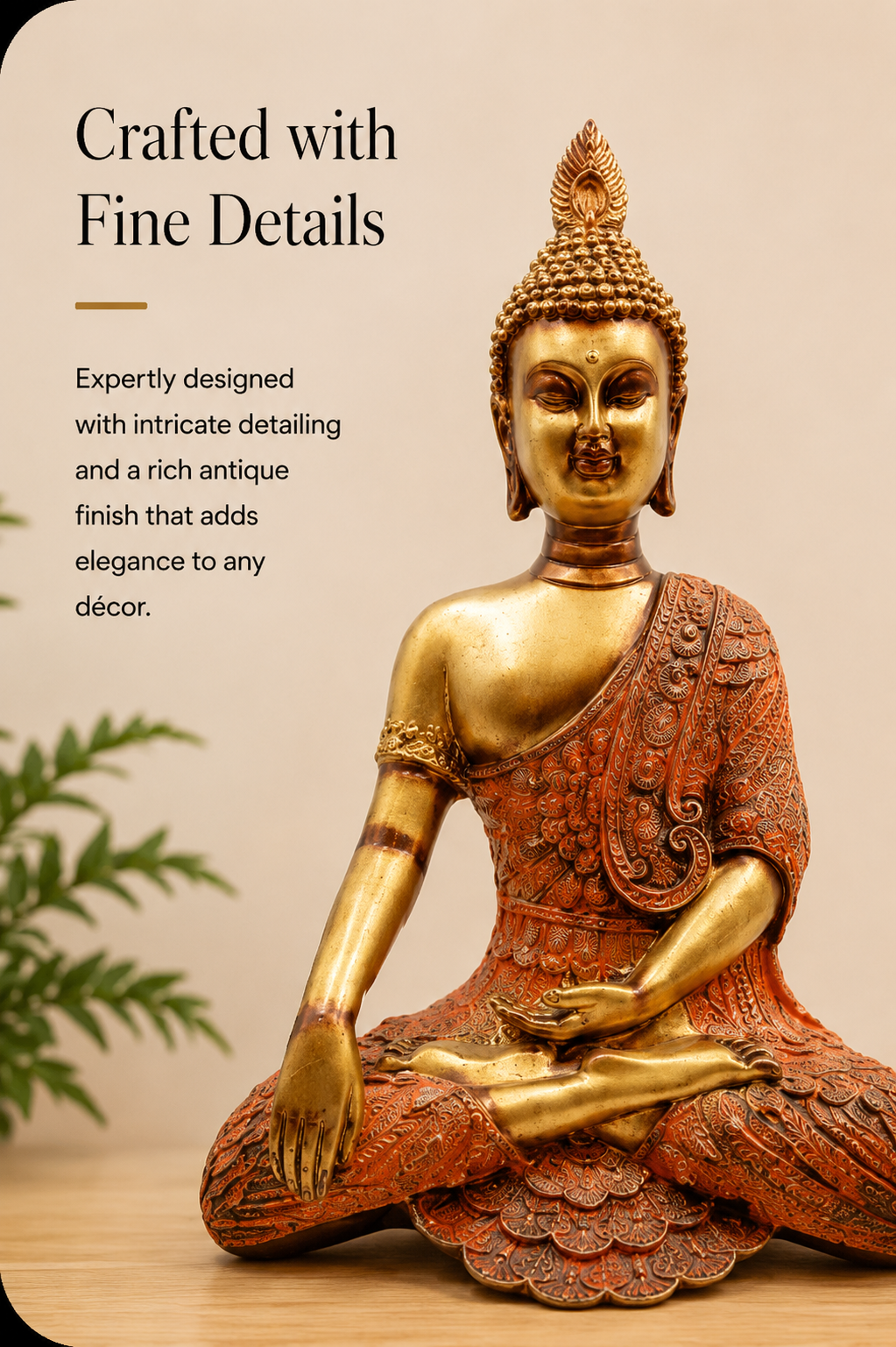 Antique Serenity Meditating Buddha Statue – Gold & Rust, 14 Inch