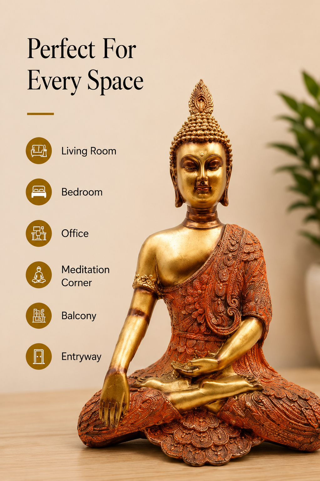 Antique Serenity Meditating Buddha Statue – Gold & Rust, 14 Inch