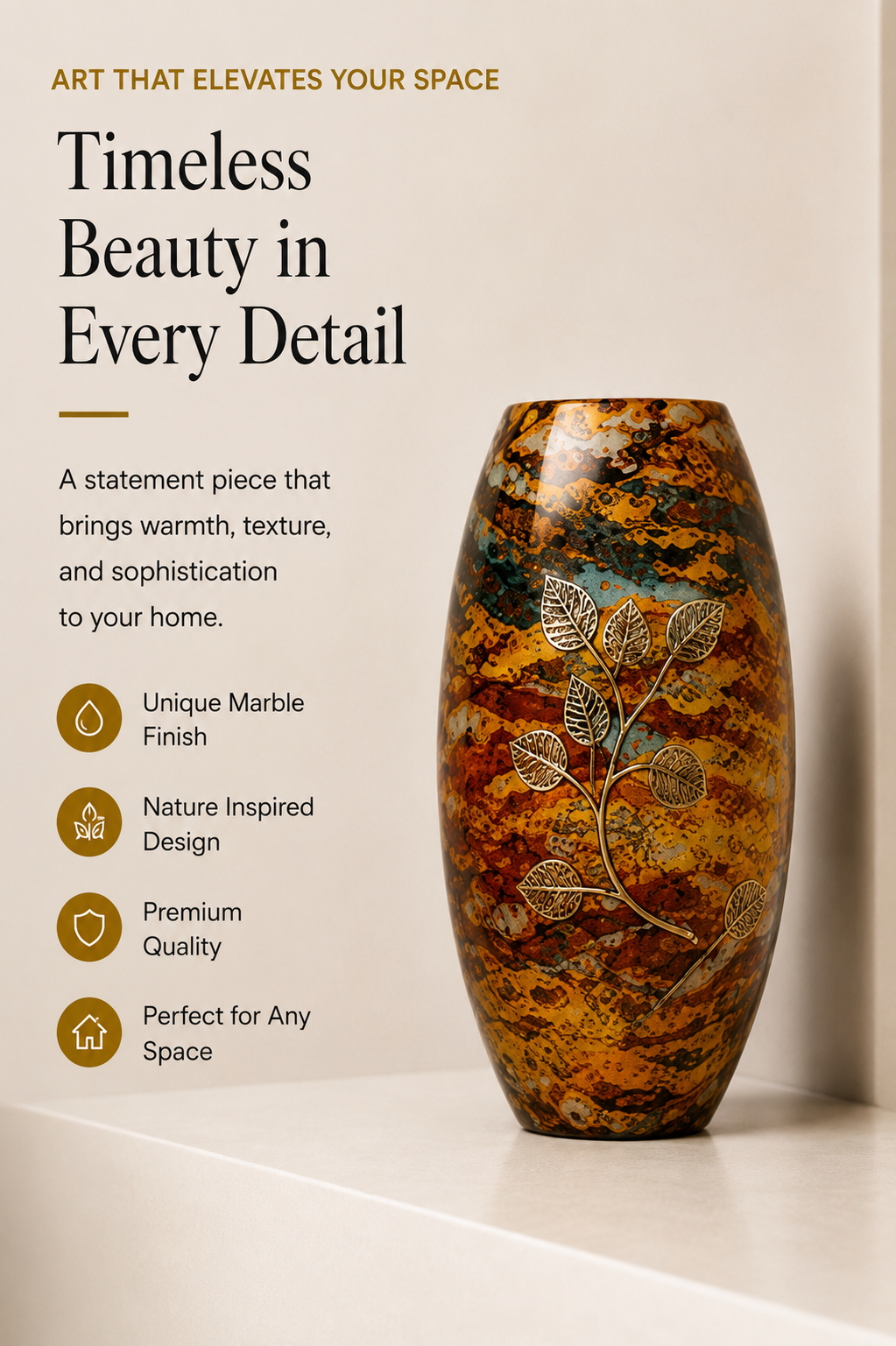 Autumn Leaf Art Vase – Amber Marble Finish, 13 Inch