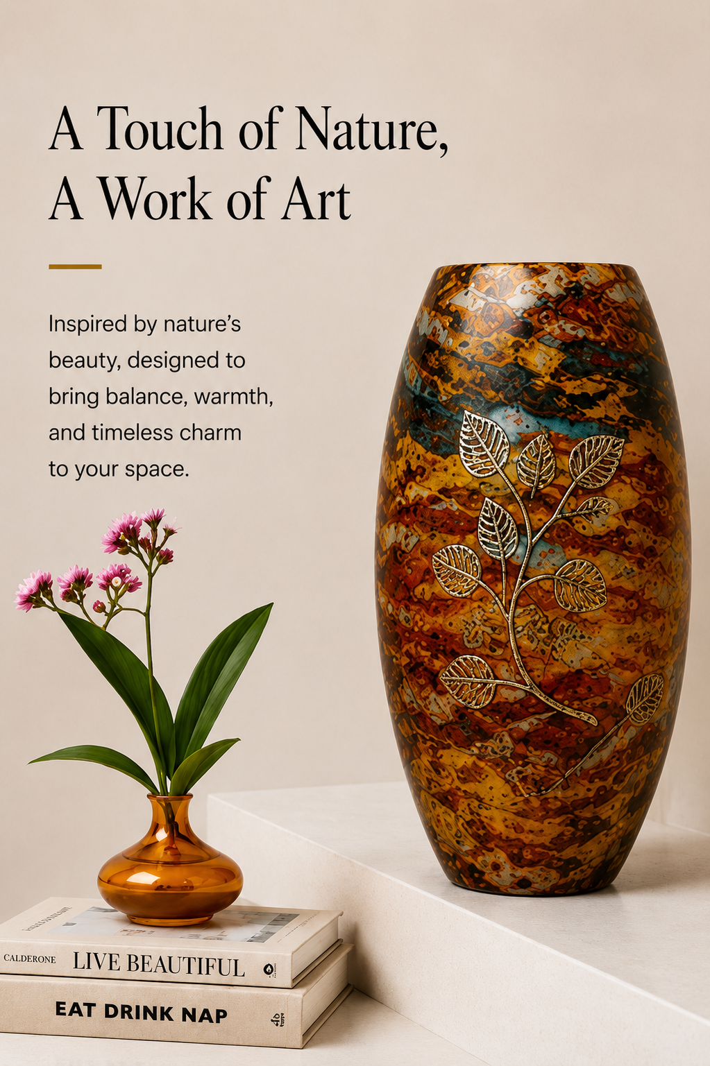 Autumn Leaf Art Vase – Amber Marble Finish, 13 Inch