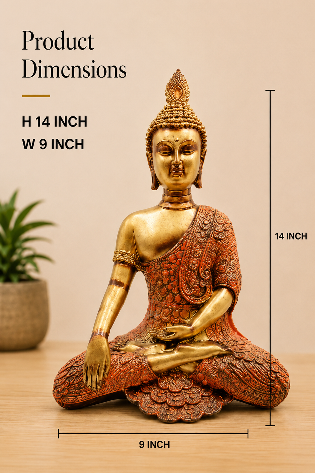 Antique Serenity Meditating Buddha Statue – Gold & Rust, 14 Inch