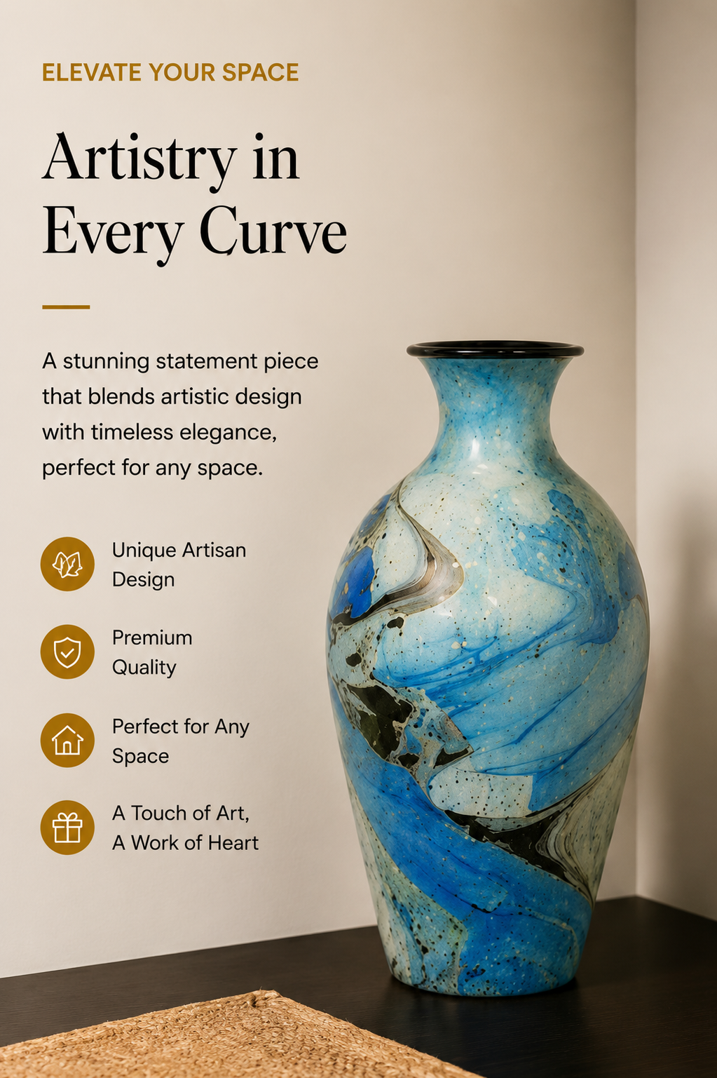 Azure Flow Decorative Vase – Blue Marble Finish, 12 Inch