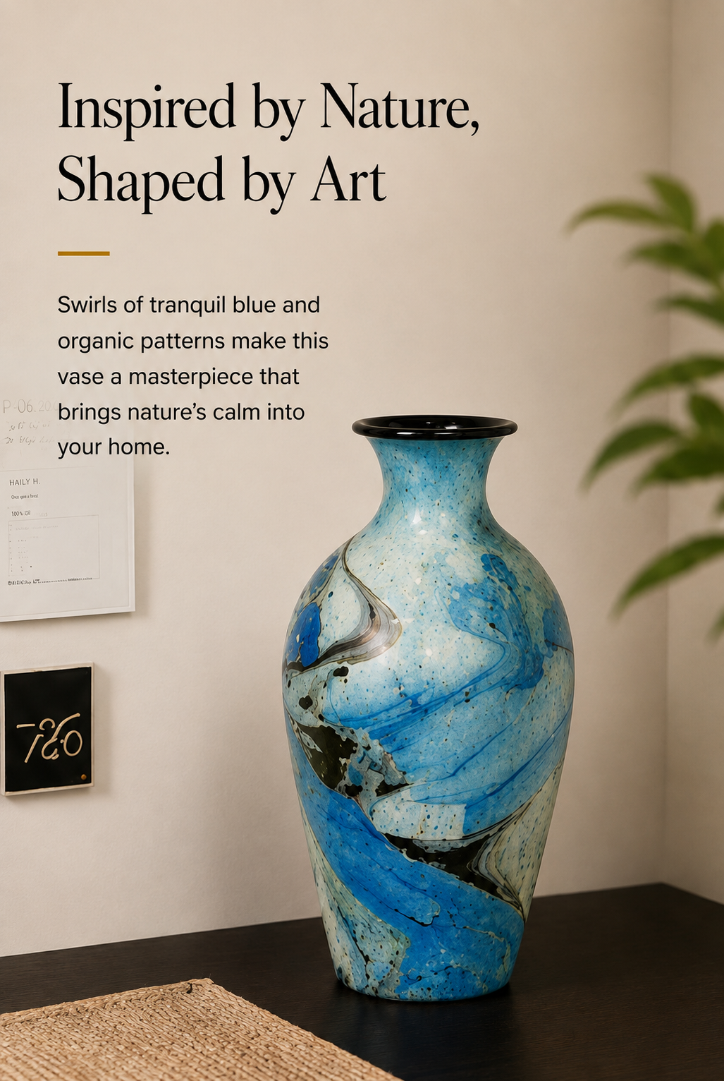 Azure Flow Decorative Vase – Blue Marble Finish, 12 Inch