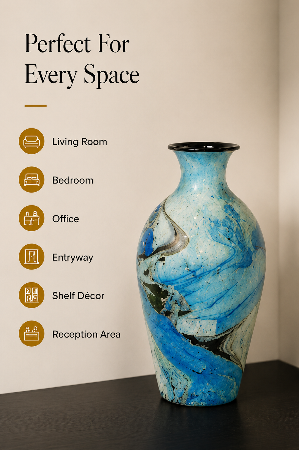 Azure Flow Decorative Vase – Blue Marble Finish, 12 Inch