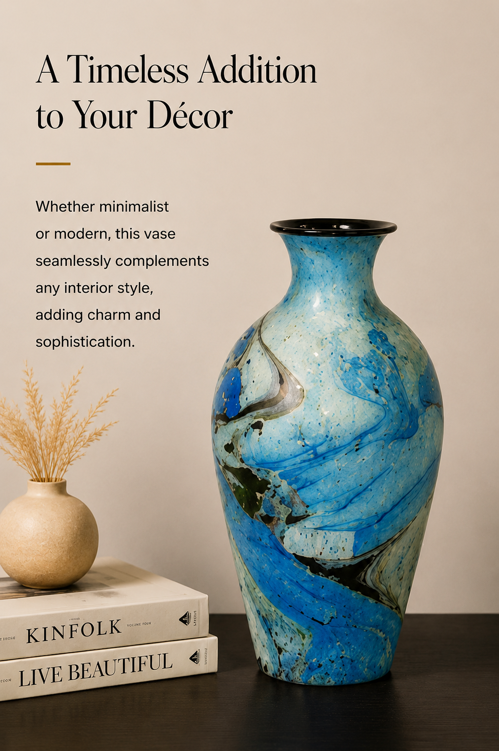 Azure Flow Decorative Vase – Blue Marble Finish, 12 Inch
