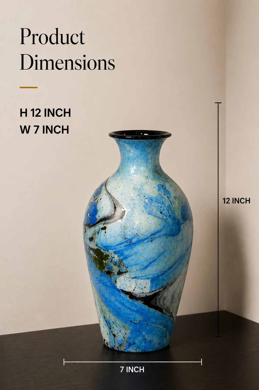Azure Flow Decorative Vase – Blue Marble Finish, 12 Inch