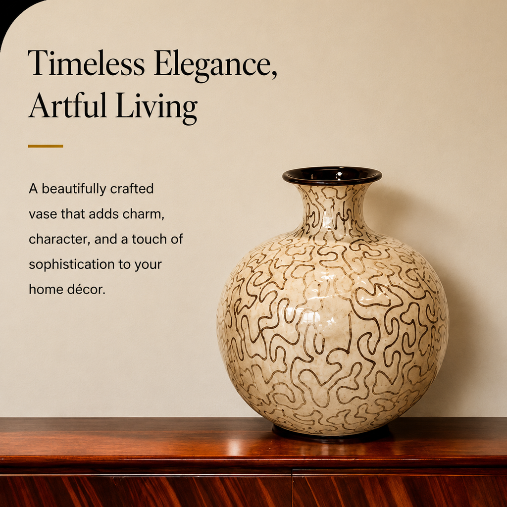 Ivory Maze Decorative Vase – Beige & Espresso