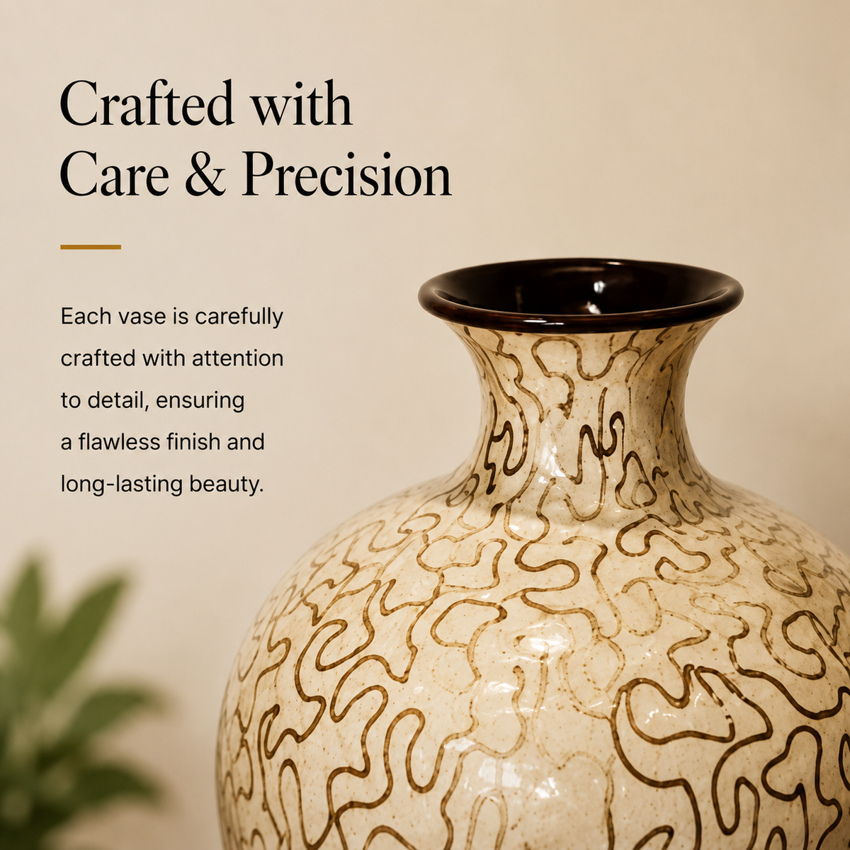 Ivory Maze Decorative Vase – Beige & Espresso
