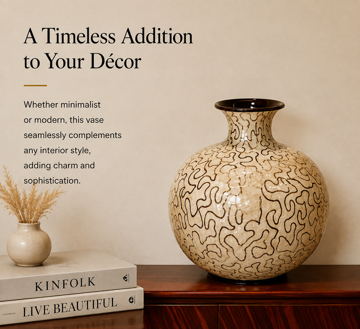 Ivory Maze Decorative Vase – Beige & Espresso