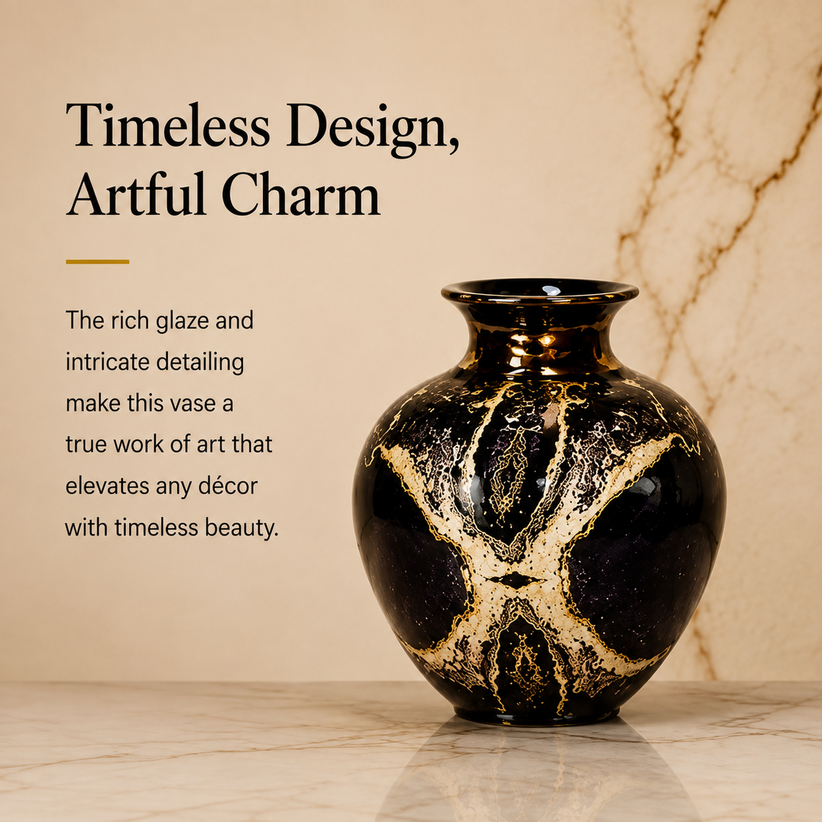 Noir Luxe Decorative Vase – Black & Gold, 12 Inch