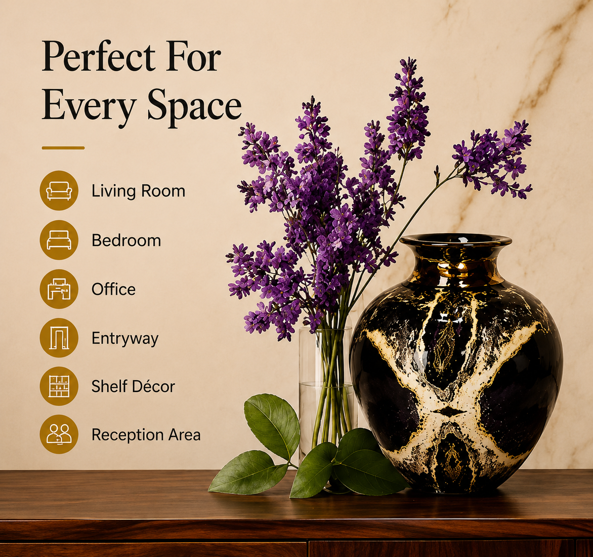 Noir Luxe Decorative Vase – Black & Gold, 12 Inch