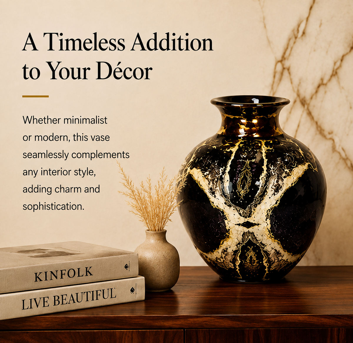 Noir Luxe Decorative Vase – Black & Gold, 12 Inch