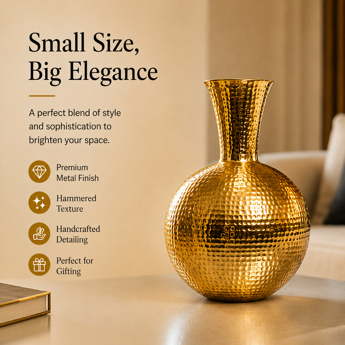Solara Hammered Gold Vase – 8.1 Inch
