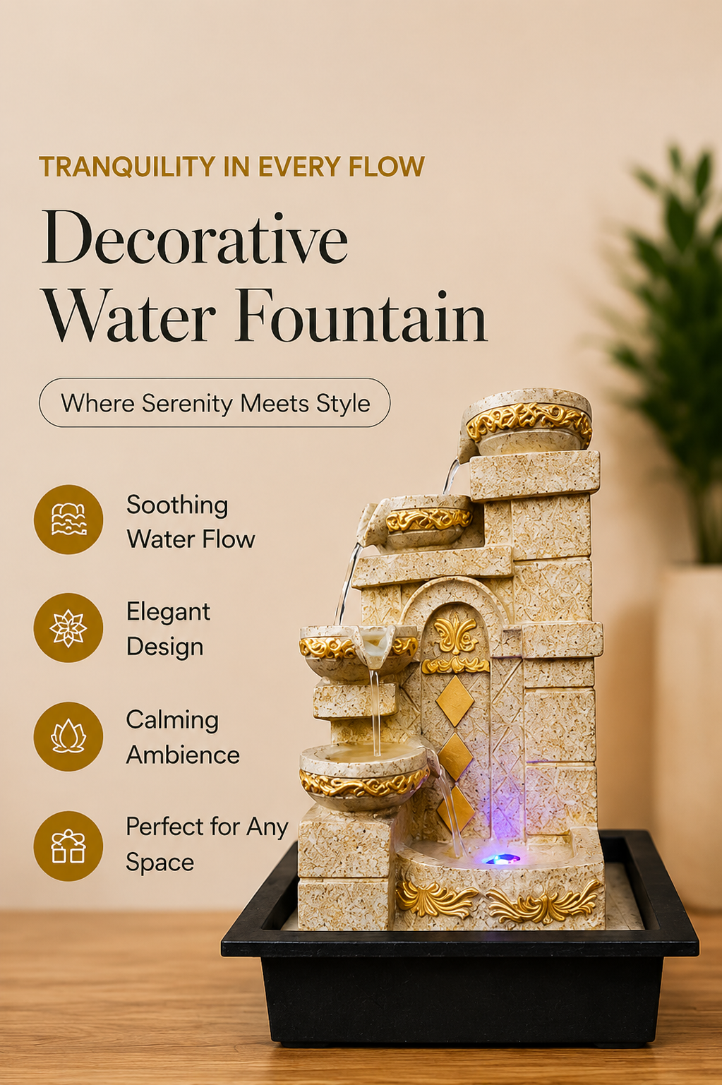 Serenity Steps Cascading Water Fountain – Ivory & Gold, 15 Inch