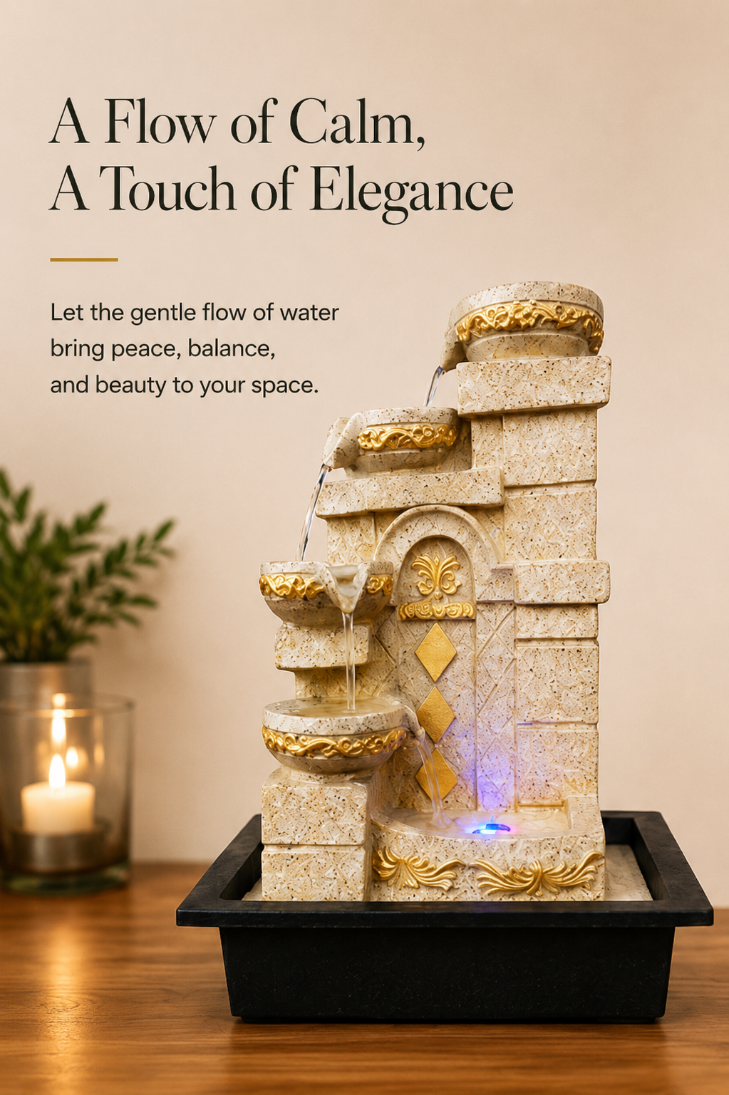 Serenity Steps Cascading Water Fountain – Ivory & Gold, 15 Inch
