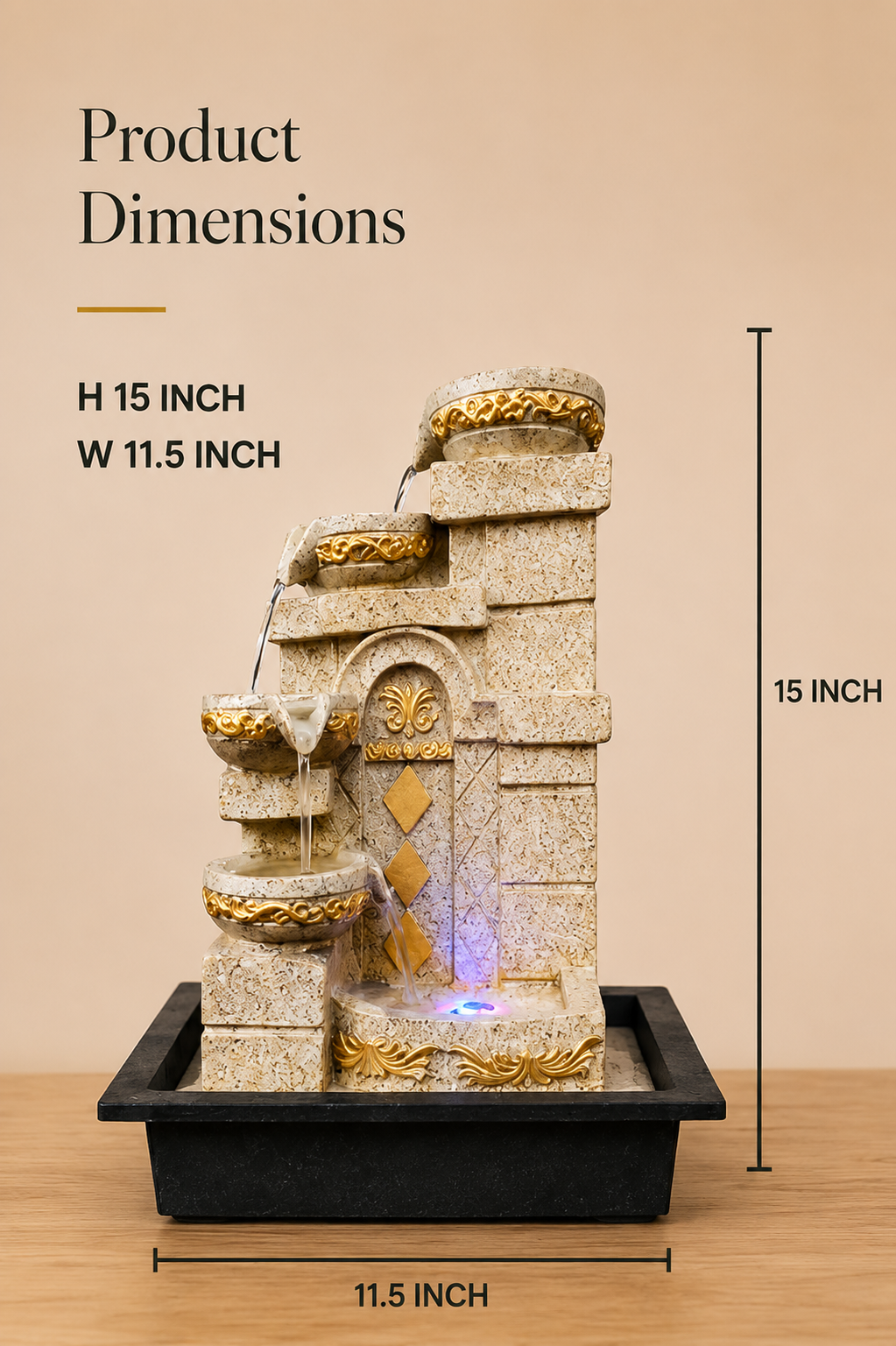 Serenity Steps Cascading Water Fountain – Ivory & Gold, 15 Inch