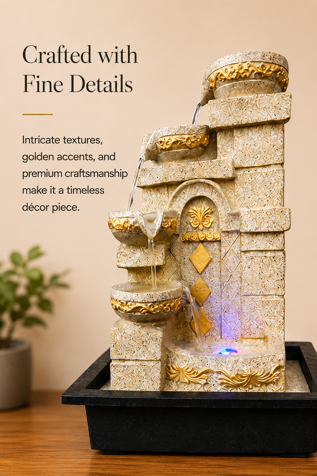 Serenity Steps Cascading Water Fountain – Ivory & Gold, 15 Inch