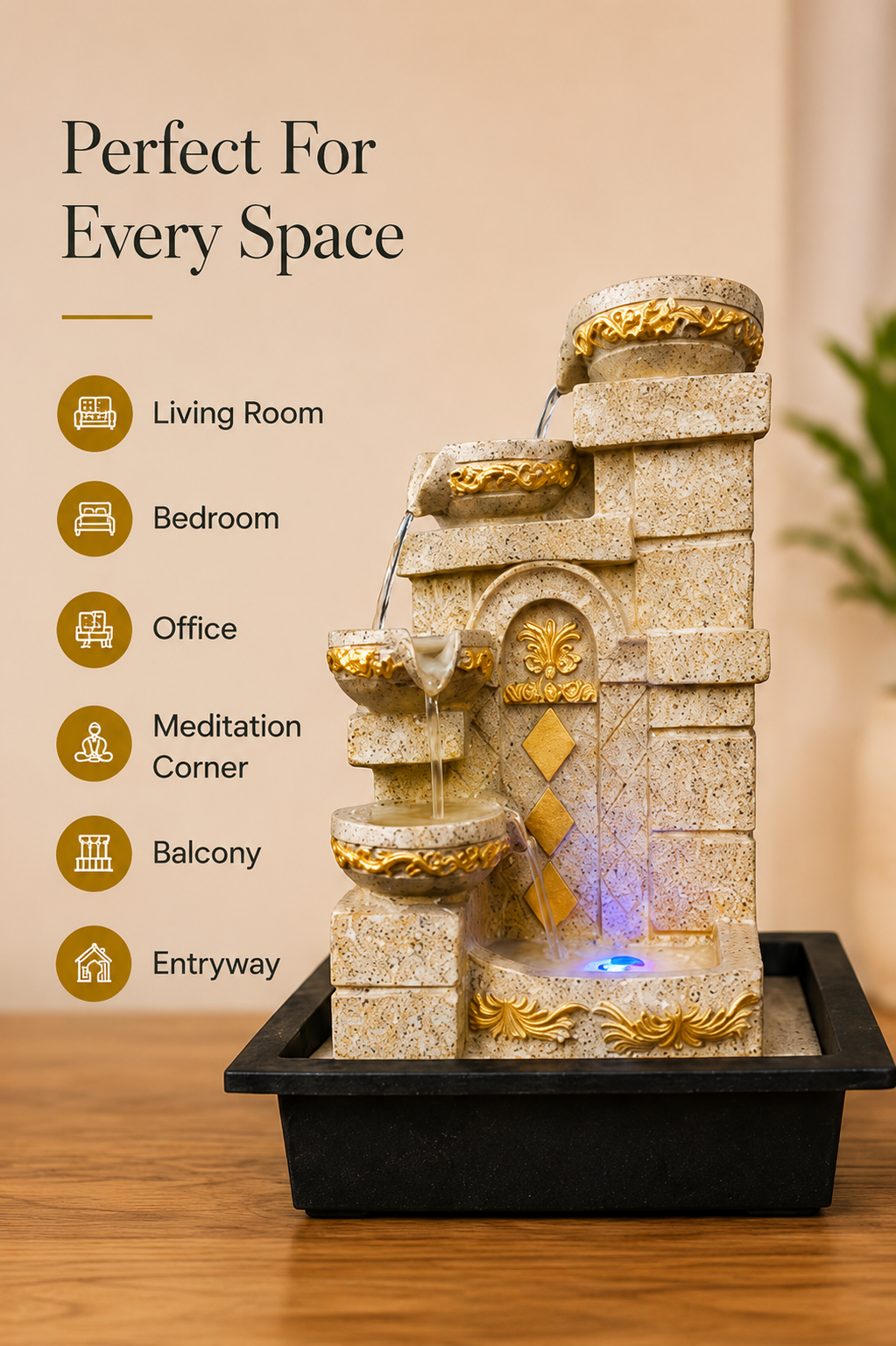Serenity Steps Cascading Water Fountain – Ivory & Gold, 15 Inch