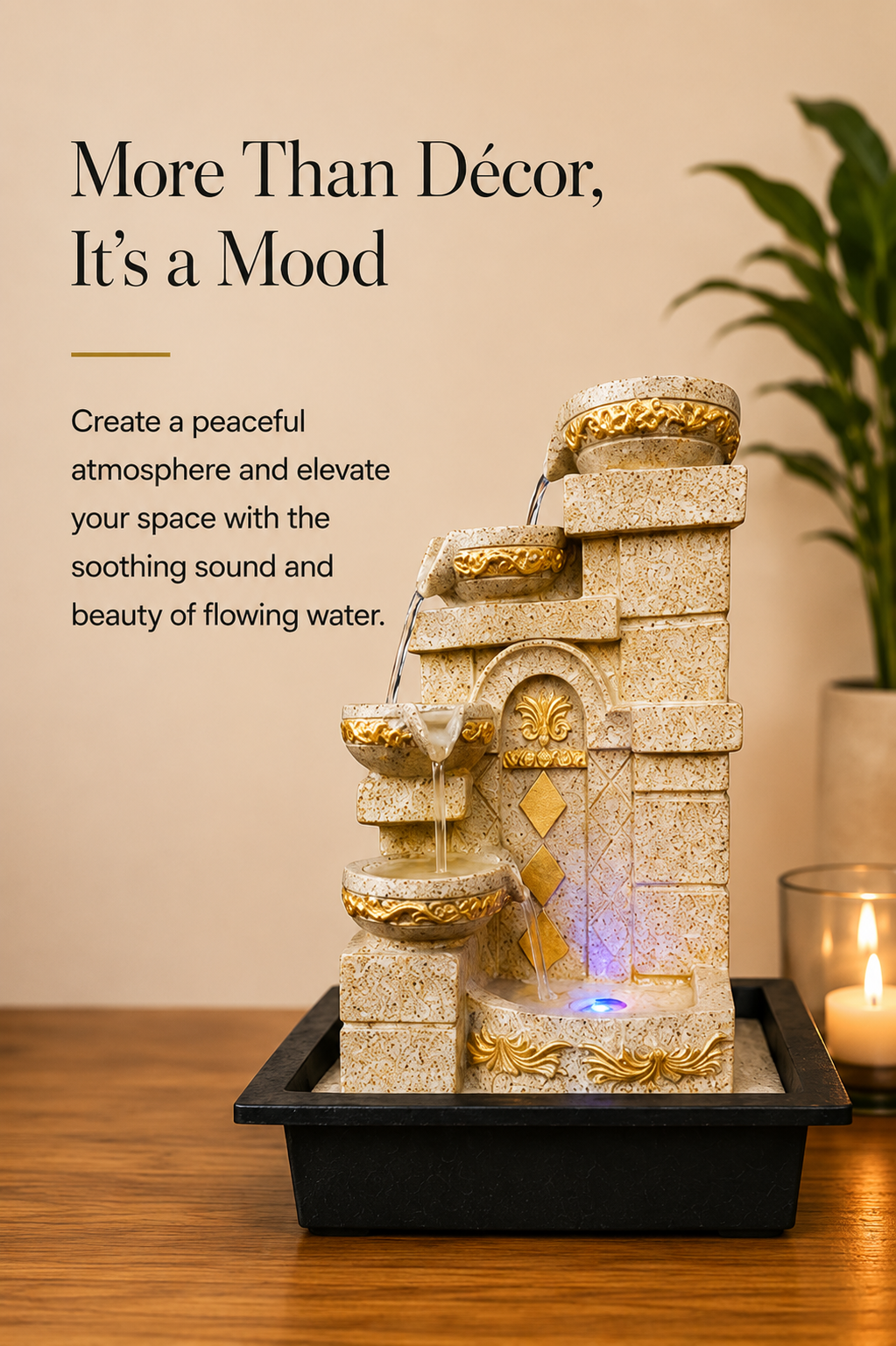 Serenity Steps Cascading Water Fountain – Ivory & Gold, 15 Inch