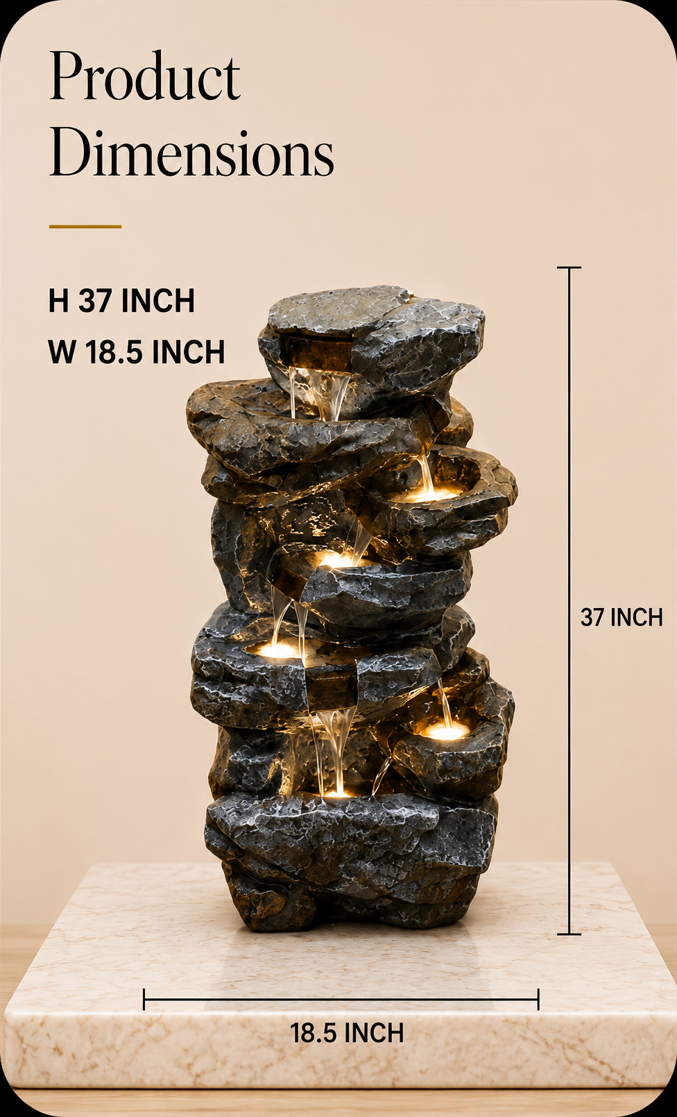 Illuminated Cascade Rock Water Fountain – 37 Inch