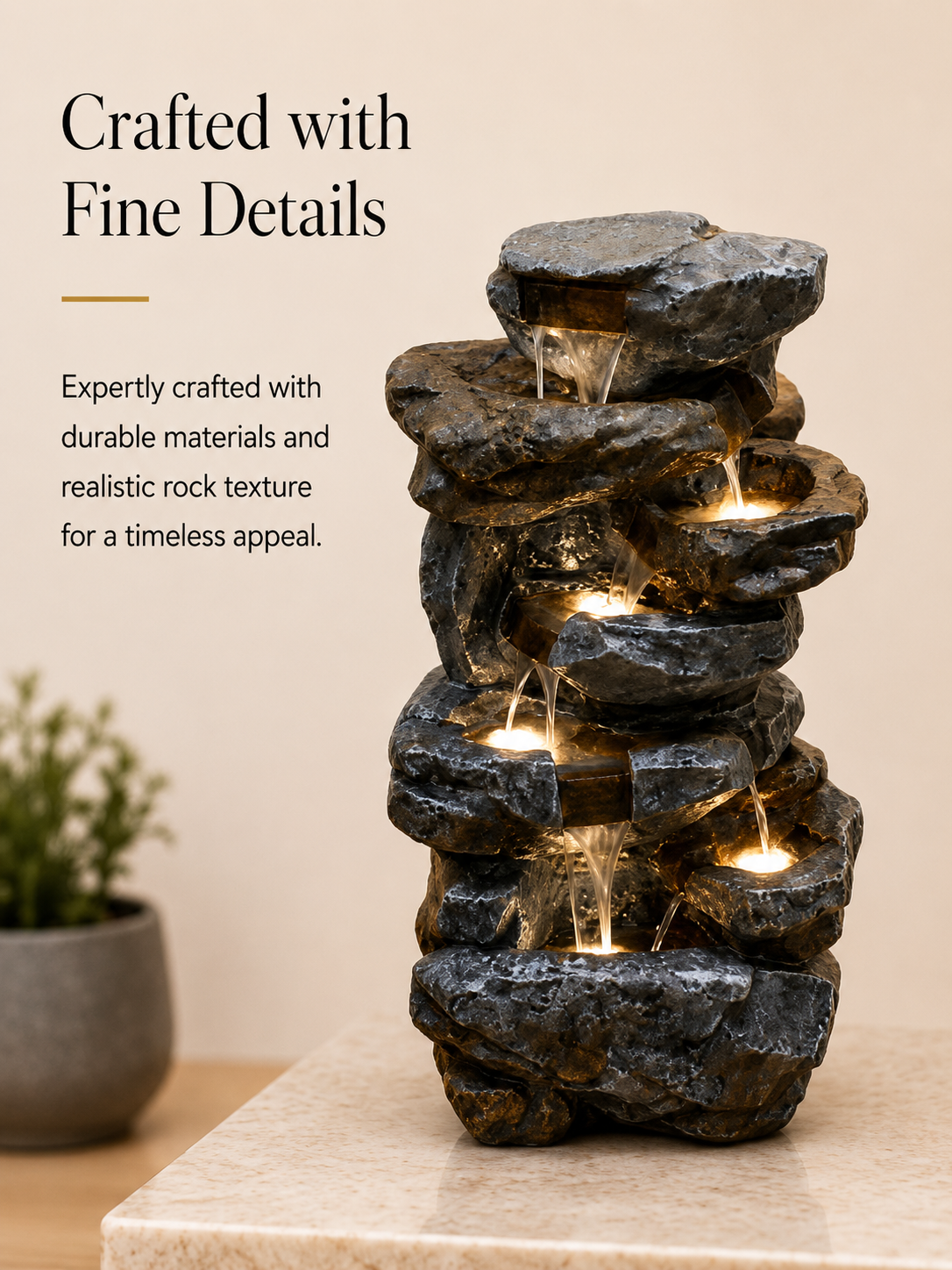 Illuminated Cascade Rock Water Fountain – 37 Inch