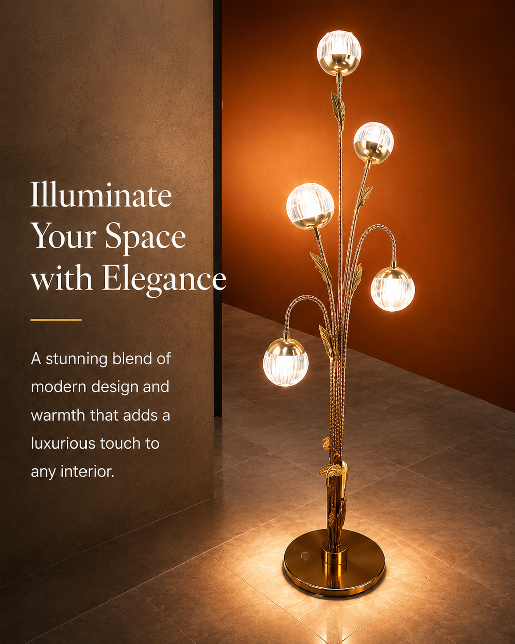 5-Globe Golden Branch Floor Lamp with Crystal-Style Shades | Decorative Standing Lamp