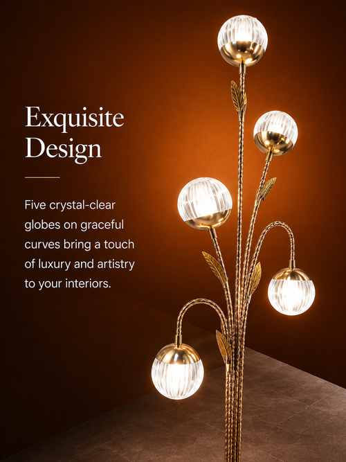 5-Globe Golden Branch Floor Lamp with Crystal-Style Shades | Decorative Standing Lamp