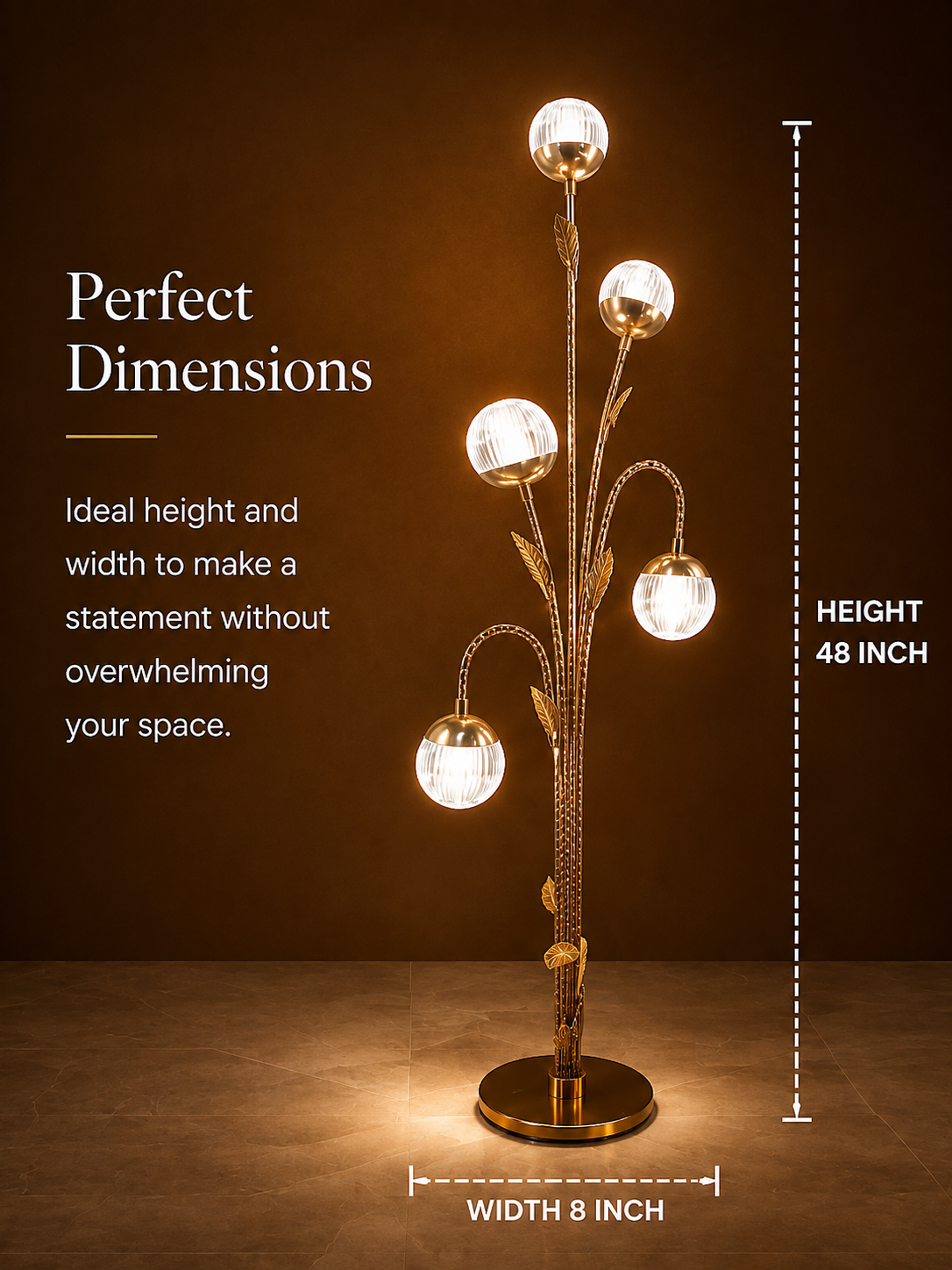 5-Globe Golden Branch Floor Lamp with Crystal-Style Shades | Decorative Standing Lamp