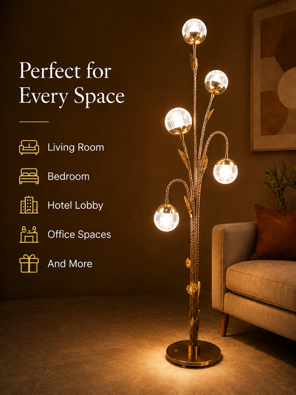 5-Globe Golden Branch Floor Lamp with Crystal-Style Shades | Decorative Standing Lamp