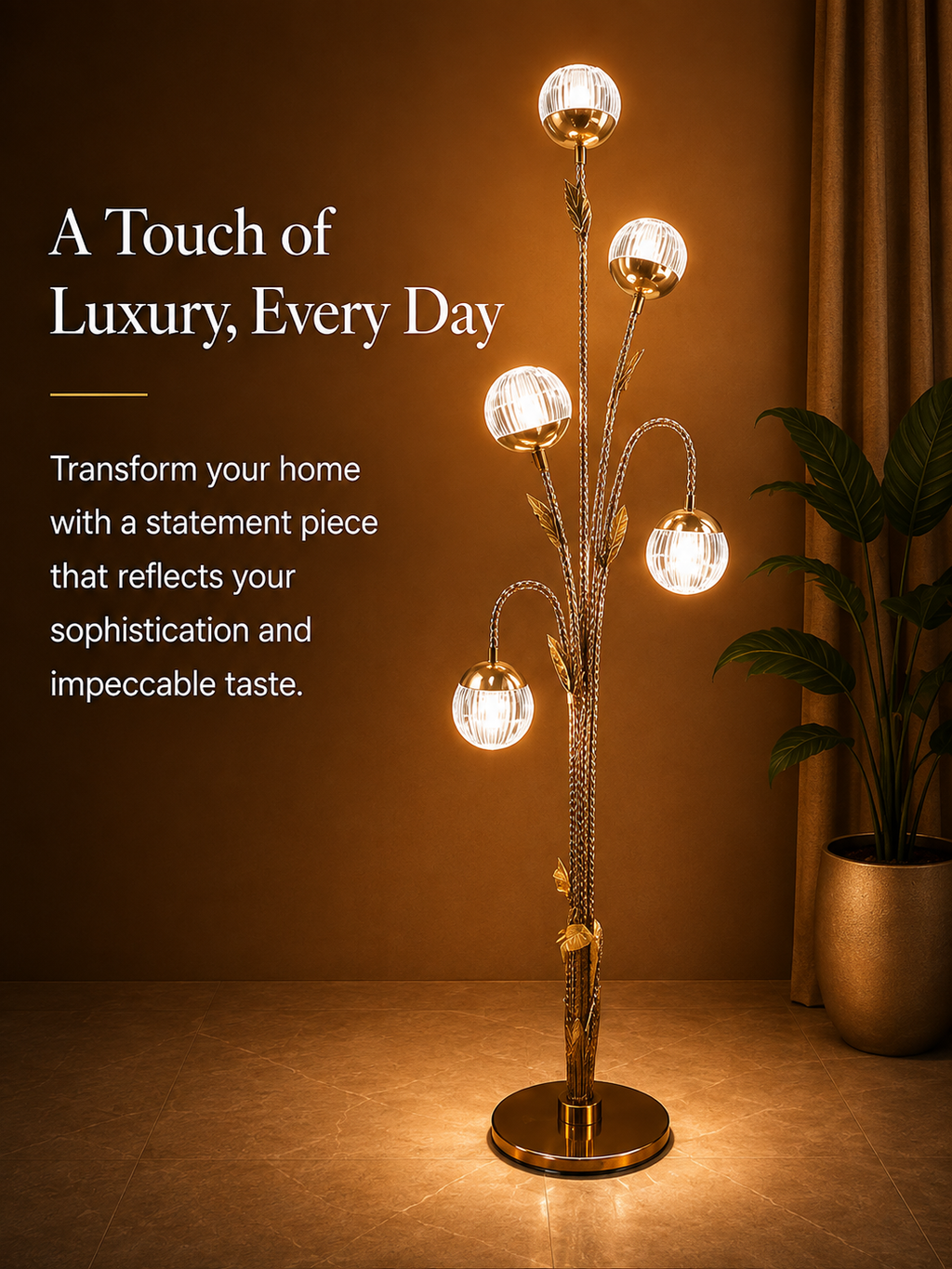 5-Globe Golden Branch Floor Lamp with Crystal-Style Shades | Decorative Standing Lamp