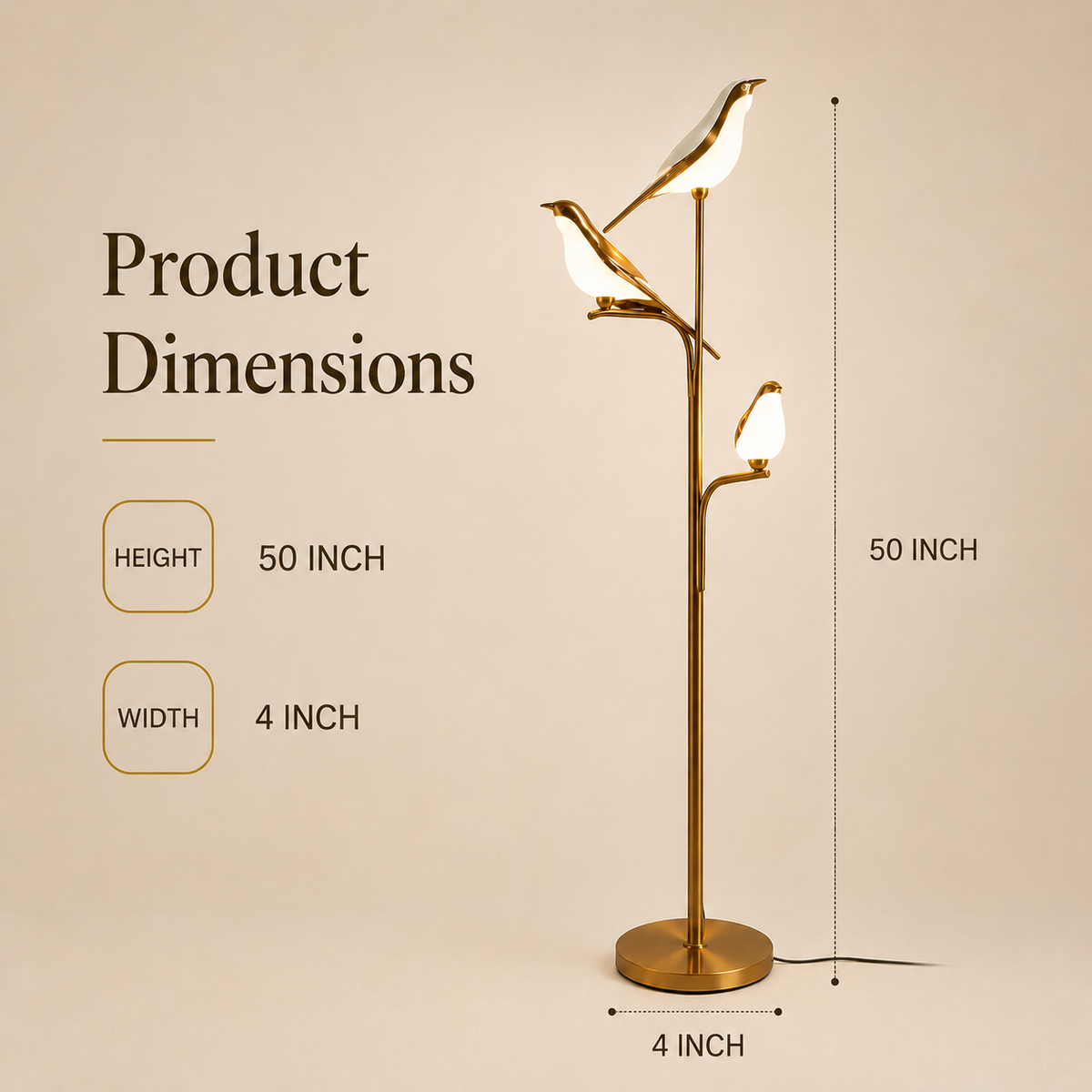 Golden Bird Floor Lamp with Warm LED Lights | Decorative Metal Standing Lamp