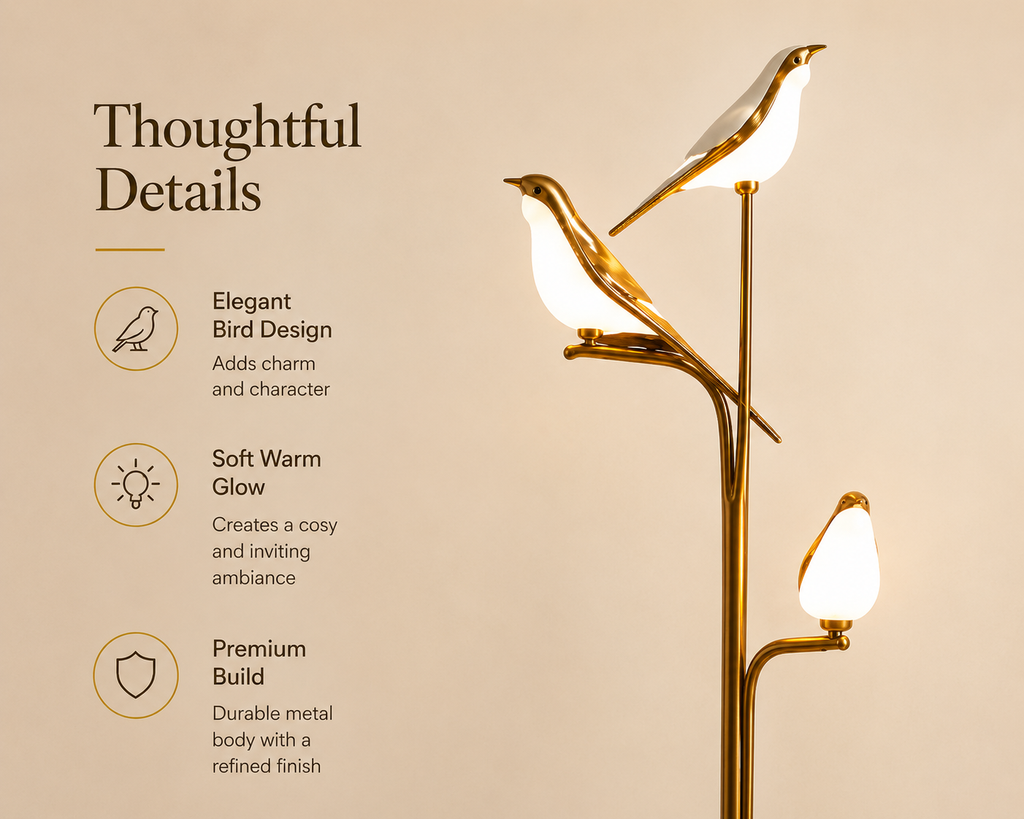 Golden Bird Floor Lamp with Warm LED Lights | Decorative Metal Standing Lamp